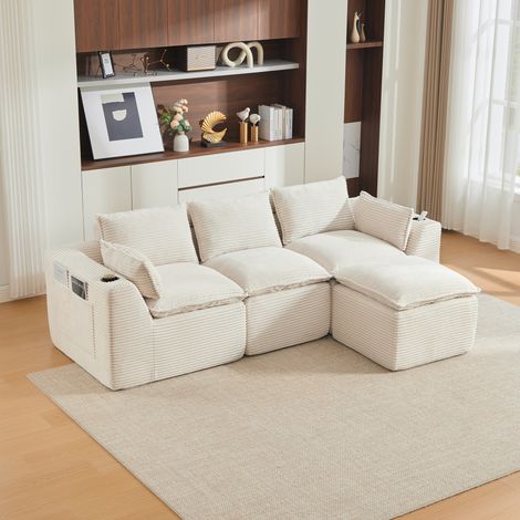 Canapé modulable 3 places + pouf,Velours côtelé beige,Avec coussins,porte-gobelets et 2 poches latérales,256 x 161 x 75 cm