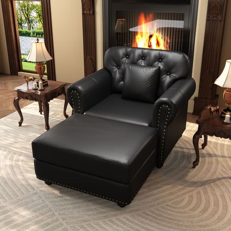 Fauteuil Chesterfield 105 cm avec repose-pieds amovible, revêtement en similicuir, coussin d'assise à ressorts, capitonnage à boutons, accoudoirs arrondis, clous décoratifs, noir (1/5)
