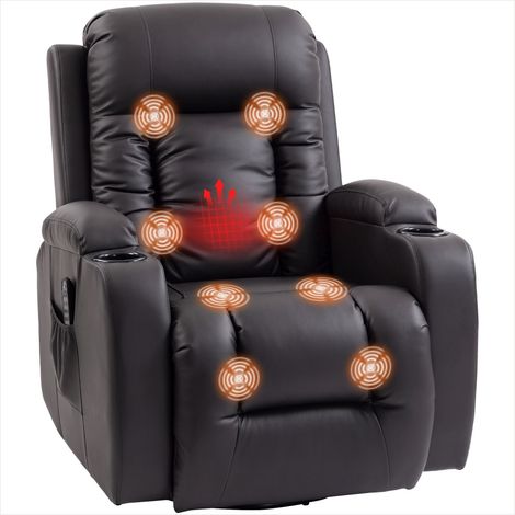 Fauteuil de relaxation inclinable et pivotant en simili marron, fonction massage chauffant et range-verres intégré, 82x99x103 cm (1/5)
