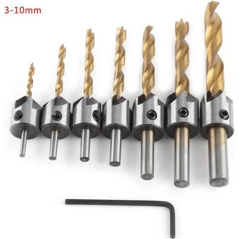 Fraise Conique Mèche à Bois Foret Chanfreinage HSS Bois à Haute Vitesse à Bois Aésoir Acier Avec Clé Hexagonale 7 pcs 3 to10mm (1/5)