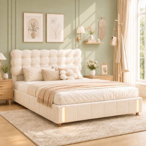 Lit Coffre 140x200 avec Sommier, Lit Double en Velours Beige avec Tête de Lit Capitonnée, Éclairage à Détection de Mouvement, lit style crème (1/5)
