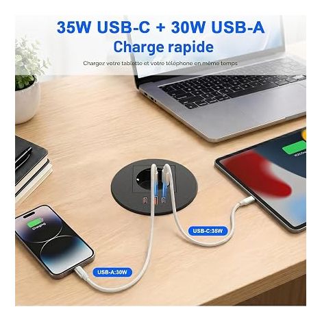 Prise Plan de Travail avec USB-C et USB-A, Prise de Bureau Rétractable avec Ports USB, pour Bureau, Cuisine et Table, Câble 1,8 m, Noir (1/4)