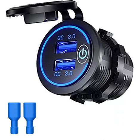 Chargeur USB de voiture  Double port QC 3.0  Éclairage LED bleu  Gaines de câble bleues (1/4)