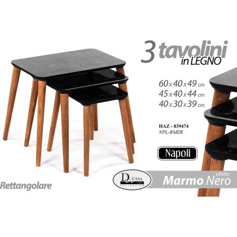 Set de mesas anidadas elegantes en efecto mármol negro, 60x40x49 cm, 45x40x44 cm, 40x30x39 cm