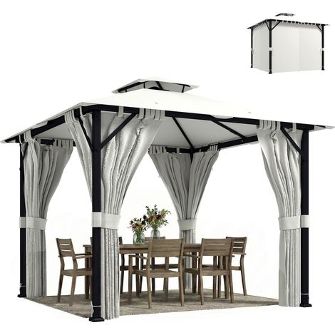 3x3 m Gartenpavillon, Doppeldach, Vorhänge, Deckenhaken, Metallrahmen, Creme