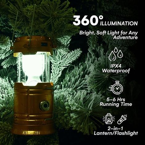 Outfitters Solar Campingleuchten Wiederaufladbare LED Laterne und Taschenlampe Edelstahlgriff Tragbar und faltbar für Camping, Wandern und Notfäl (1/5)