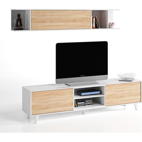 Mueble Tv Zaiken salón comedor en blanco y color madera roble 180x51x41 cm (1/10)
