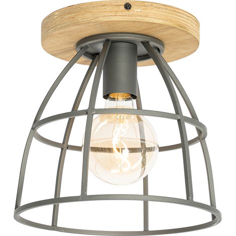QAZQA Lampada da soffitto arthur - Industriale - Legno,Acciaio - Marrone/Grigio scuro - Tondo Max. 1 x Watt