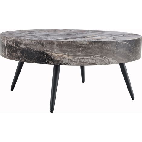 Tavolino da caffè rotondo 70 cm effetto marmo grigio MDF con gambe in metallo nere (1/5)