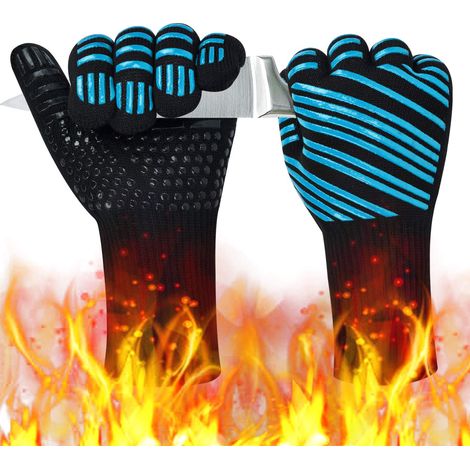 Gants de barbecue en silicone antidérapant résistant à la chaleur pour la cuisson, le barbecue, la découpe et le soudage (13 pouces, noir et bleu) (1/3)