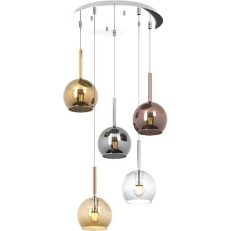 SOSP. CROMO TONDA 5 LUCI VETRI TUTTI PICCOLO TRASPARENTE AMBRA CROMO ORO RAME 1155CR-S5 TP-MC (1/5)