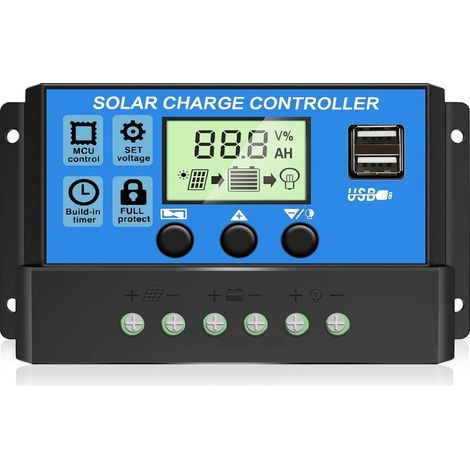 30A PWM Contrôleur de charge solaire , régulateur de Panneau Solaire 12V/24V avec écran LCD réglable, Double port USB, Réglage de la minuterie, paramètre automatique (bleu) (1/5)