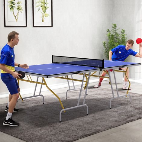 Tavolo da ping-pong pieghevole, completo di 2 racchette, 3 palline e rete, per uso interno ed esterno, struttura in metallo, dimensioni 274x152x76 cm, colore blu.