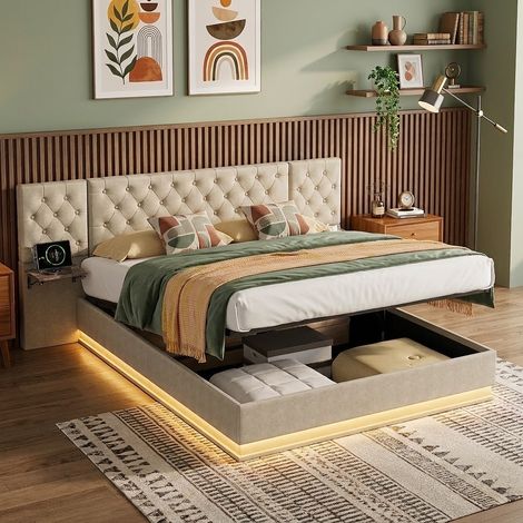 Lit Coffre 160x200 Double Adulte avec LED RGB, Tables de Chevet Intégrées, Chargement Sans Fil et USB Type-C, Tête de Lit Capitonnée en Tissu Lin - Beige (1/4)
