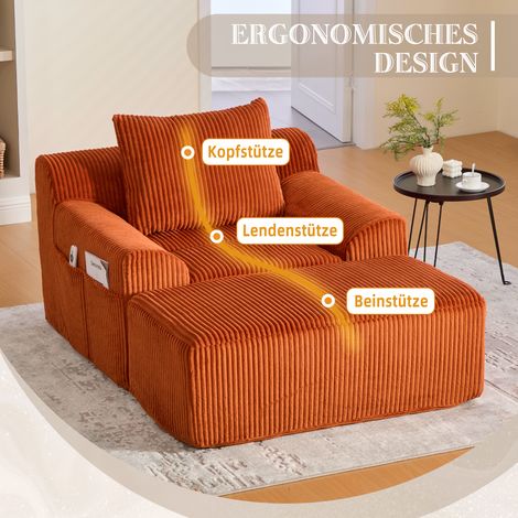 Fauteuil extra-large en velours côtelé orange, avec repose-pieds, rangements latéraux et coussin moelleux. Rembourrage confortable, livré sans cadre, sans montage requis. Parfait pour la détente ou la