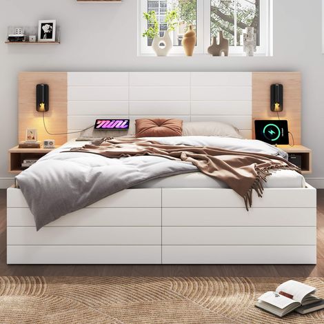 Lit double 160x200 cm, sommier à lattes, 2 tiroirs, 2 chevets, liseuse LED USB, cadre bois et MDF, blanc et chêne, sans matelas (1/5)