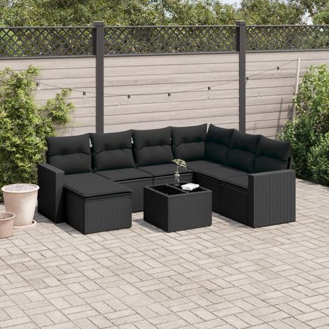 8-tlg. Garten-Sofagarnitur mit Kissen Schwarz Poly Rattan (1/3)