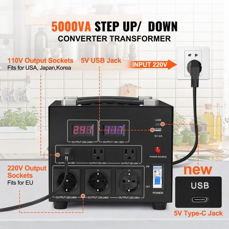 Transformateur Convertisseur 5000VA, Adaptateur Secteur Puissant 110V-220V, Prises US EU USB 5V Type-C, Homologué CE (1/5)