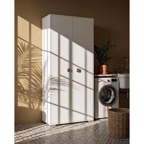 Armadio multiuso Sonia 2 ante - Mobile portascopa salvaspazio - 6 ripiani interni e un vano portascope - Colore Bianco - 75x180x35 cm (1/5)