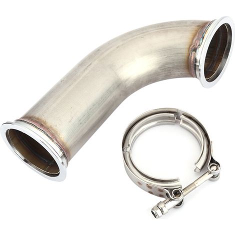 Universal 3-inch 90° stainless steel V-band flange with clamping pipe, short leg, stainless steel downpipe. (1/5)
