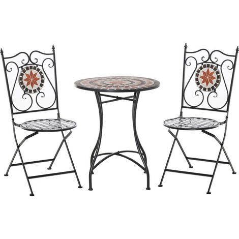 Outsunny Ensemble Bistro 2 Places 3 pièces Style Fer forgé mosaïque céramique Motif Rose des Vents chaises Pliables métal époxy Noir (1/4)