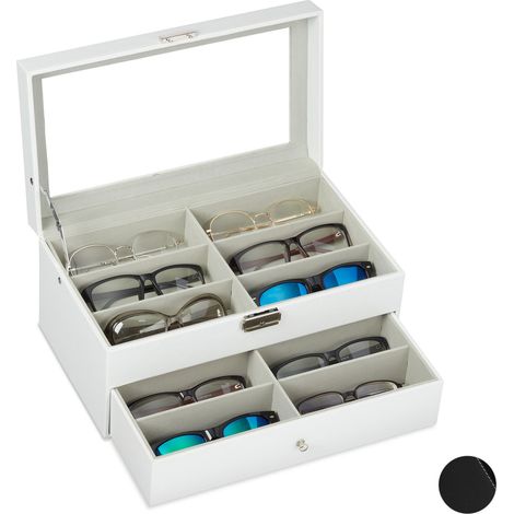 Relaxdays Boîte à lunettes pour 12 paires, Rangement montures, cuir artificiel 15,5 x 33,5 x 19,5 cm, coffre, blanc