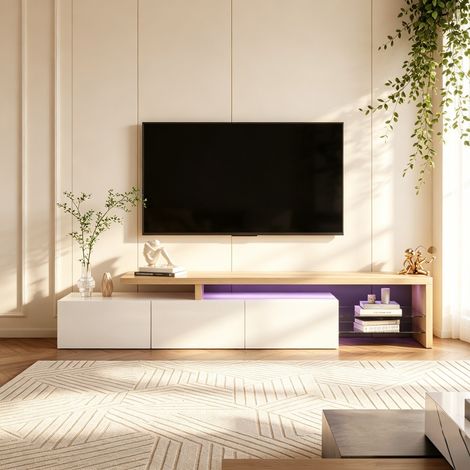 Meuble TV avec éclairage LED, Armoire de Télévision moderne, Lowboard blanc et bois, avec 3 tiroirs et espace de rangement ouvert, pour Salon, Chambre, 200 x 39 x 42 cm