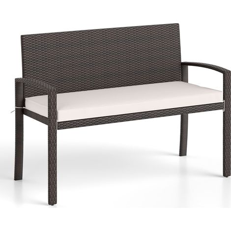 Banc de jardin blanc 2 places en résine tressée avec coussin amovible et cadre en métal pour jardin terrasse et piscine (1/5)