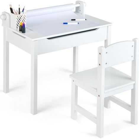 Kids Desk and Chair Set Wooden Toddler Craft Table Lift-top wIth Paper Roll (1/5)