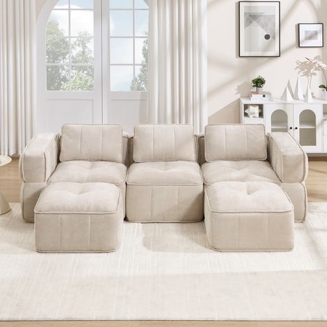 Canapé modulaire en U 3 places, canapé d'angle sans cadre avec 2 poufs, canapé nuage en polyester, mousse haute densité 32D, assise profonde antidérapante, sans montage, 271 x 162 x 67 cm, Beige