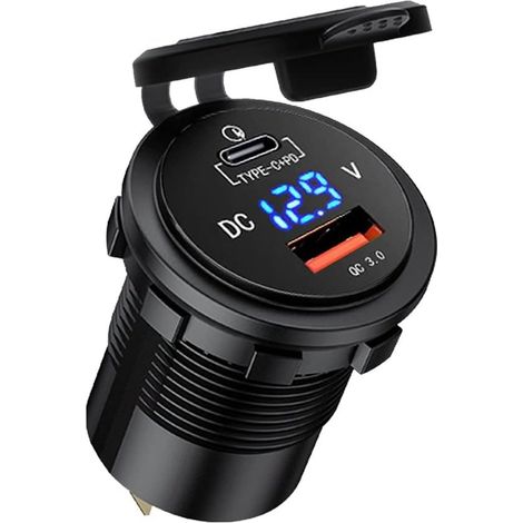 Caricabatterie USB e presa per auto PD da 45 W + QC3.0 da 18 W，12 V/24 V USB-C a incasso impermeabile con display voltmetro a LED per moto (1/5)