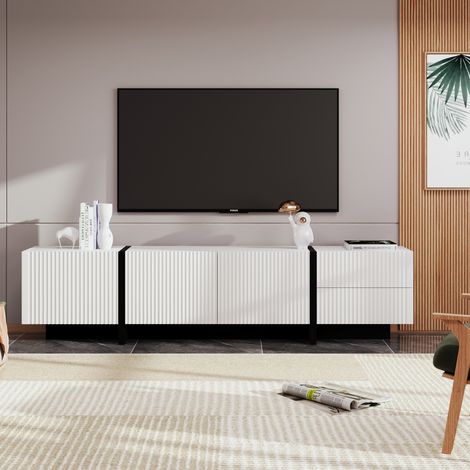 Meuble TV 190 cm avec Façades Cannelées, Accents Dorés, 3 Portes, 2 Tiroirs, Charnières Soft-Close, Console TV pour Salon Design Modern Chic - Blanc+Noir (1/5)