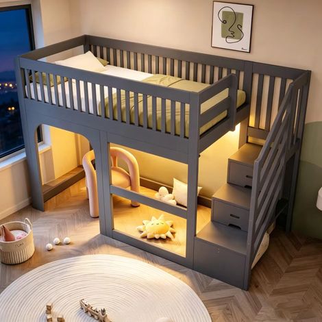 Lit mezzanine enfant 90x200 cm, lit cabane avec portes et fenĂȘtres, escalier de rangement, LED, garde-corps et espace de jeu, Gris