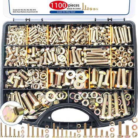 Coffret de 1100 Boulons à Tête Hexagonale en Acier Carbone Zingué Coloré, Assortiment de Vis Hexagonales avec Écrous et Rondelles, Kit de Visserie Métrique Multi-Tailles pour Mécanique, Automobile, At (1/3)