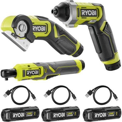 Pack RYOBI 4V Clé à cliquet - Mini-scie - Tournevis - 10 embouts - 3 Batteries 2,0Ah - 3 Câbles USB (1/5)