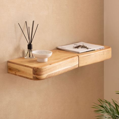 Etagère organique suspendue 2 tiroirs 80 cm en acacia laqué - GRIKA (1/5)