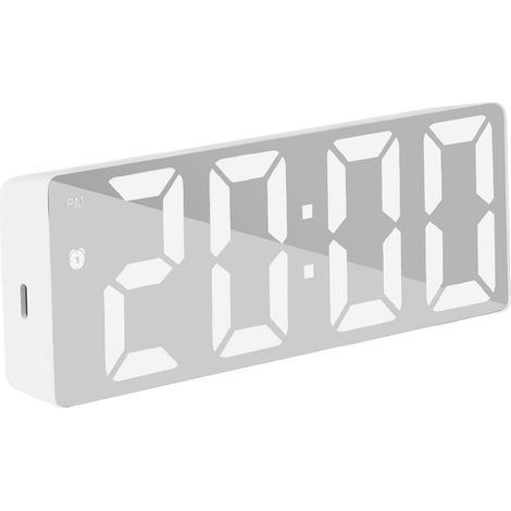 Wecker - Digitaler Wecker - LED-Spiegelwecker - Elektronische Uhr mit großem Display - Tischwecker - Schreibtischdekoration für Schlafzimmer und Wohnzimmer - Weißes Gehäuse mit weißem Licht (1/5)