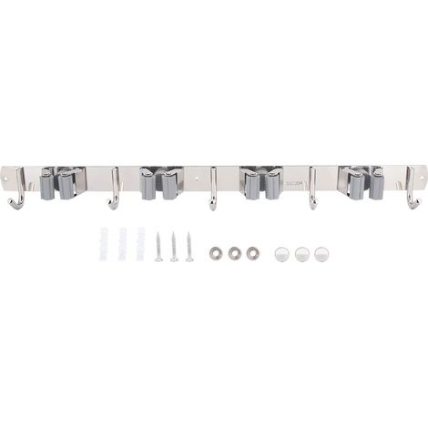 Support mural gris en acier inoxydable 304 pour balai et serpillière, 4 supports et 5 crochets, rangement mural (1/5)
