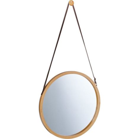 Miroir suspendu rond, sangle réglable, cadre bambou, entrée, salle de bain & WC, diamètre : 38 cm, nature (1/5)