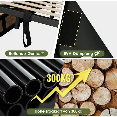 Lit double en bois 160x200cm, sommier à vérins avec rangement intégré, tête de lit à tiroirs et ports USB-C, cadre en lattes de bois, teinte chêne (avec matelas). (1/5)