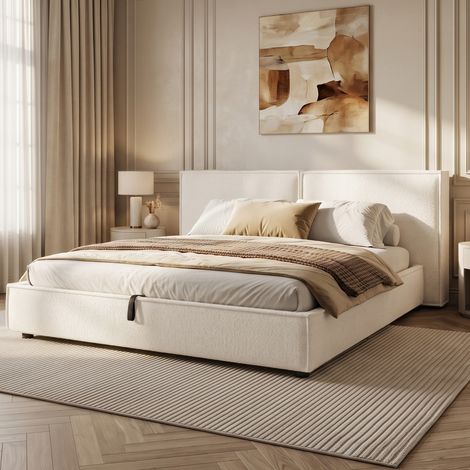Lit double capitonné 180x200cm, sommier à lattes intégré, tête de lit en tissu bouclé blanc, literie élégante pour chambre moderne, ensemble complet avec structure rembourrée (1/5)