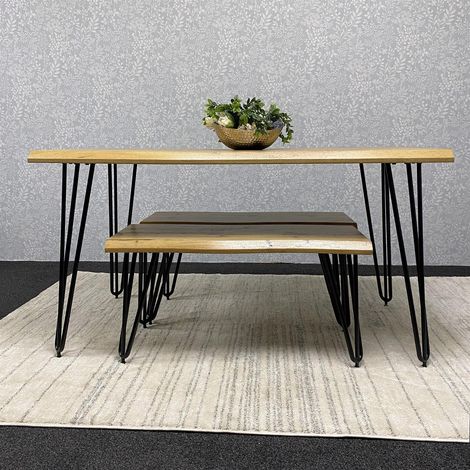 Wooden Dining Table and 2 Benches Set With Metal Hairpin Legs for Dining Room, Work, or Study (1/5)