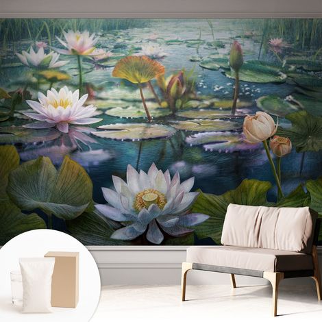 Papier peint intissé décoratif pour salon chambre et cuisine Facile à poser avec colle Fleurs de l'étang 312x219 cm (1/5)
