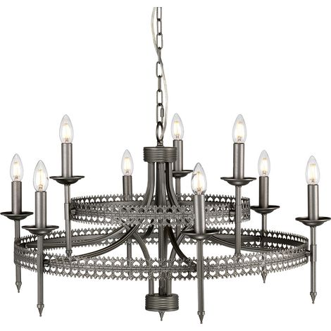 Lampadario Industrial Nordico Crown Acciaio Ferro Cancello 9 Luci E14 (1/5)