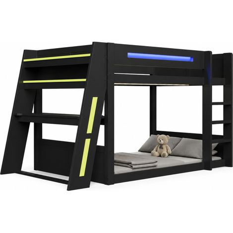 Lit mezzanine gaming 140x200 cm en bois avec bureau, deux rangements, port USB et LED, noir et vert, pour chambre d’ado ou espace gamer – CHICFURN (1/5)