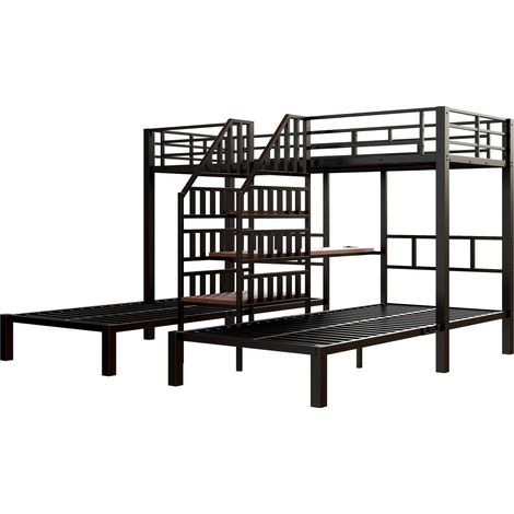 Etagenbett 90 x 200 cm aus Metall und MDF, 3 Schlafplätze, Schwarz (1/5)