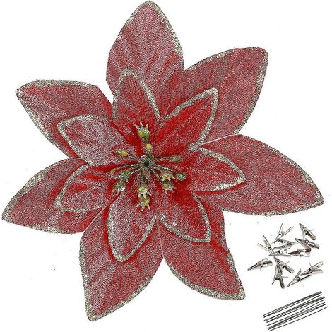 12er-Packung 15 cm rote, glitzernde Weihnachtssternblumen, dekorative künstliche Weihnachtssternblumen für (1/4)