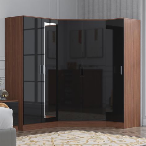 Reflect 3pc Wardrobe Bundle - 2 Door Corner + 2 Door Mirror + 1 Door Plain - Black Gloss & Walnut (1/5)