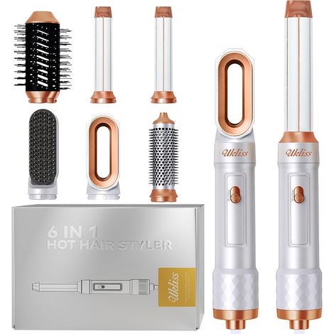 Seche Cheveux Brushing 6 en 1, Air Styler avec Sèche Cheveux Ionique, Boucleur a Cheveux Automatique, Fer a Lisser, Thermal Brush, Brosse Ronde Chauffante, Hairstyler Cadeaux pour Femmes -Blanc (1/5)