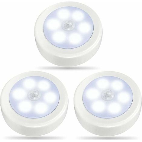 RHG Lot de 3 lampes à détecteur de mouvement d'intérieur, lampes de placard à LED, veilleuse à piles, applique murale sans fil pour escalier, marche, couloir, garage, entrée (blanc froid)